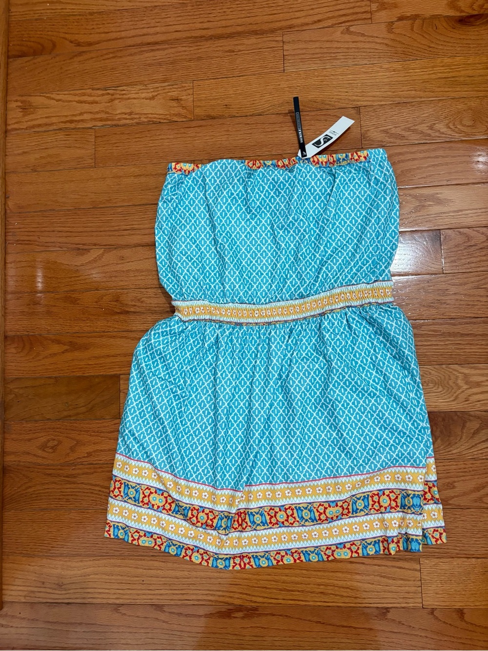 Women’sTurquoise Strapless Summer Dress with Yellow Border XL